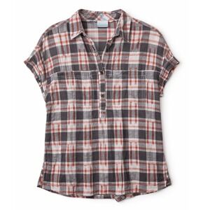 Columbia Plaid Cap Sleeve Button Front Womens Shirt XS Gray Red Lightweight